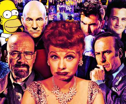 Collage with characters from I Love Lucy, Breaking Bad, BCS, The Office, Seinfeld, Friends, Doctor Who, Star Trek, Simpsons, and Stranger Things