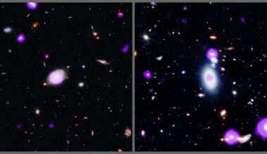 Astronomers studied more than 1 million galaxies and more than 8,000 growing supermassive black holes (SMBH) over billions of years to try to answer a difficult question. During Cosmic Noon about 10 billion years ago, the growth of SMBH began to slow dramatically. The image on the left represents one of the rapidly-growing SMBH in the past, and the image on the right represents a slower-growing SMBH about 3 billion light-years away. Image Credit: X-ray: NASA/CXC/Penn State Univ./Z. Yu; Optical (HST): NASA/ESA/STScI; Infrared: NASA/ESA/CSA/STScI; Image Processing: NASA/CXC/SAO/P. Edmonds, L. Frattare