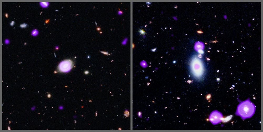 Astronomers studied more than 1 million galaxies and more than 8,000 growing supermassive black holes (SMBH) over billions of years to try to answer a difficult question. During Cosmic Noon about 10 billion years ago, the growth of SMBH began to slow dramatically. The image on the left represents one of the rapidly-growing SMBH in the past, and the image on the right represents a slower-growing SMBH about 3 billion light-years away. Image Credit: X-ray: NASA/CXC/Penn State Univ./Z. Yu; Optical (HST): NASA/ESA/STScI; Infrared: NASA/ESA/CSA/STScI; Image Processing: NASA/CXC/SAO/P. Edmonds, L. Frattare