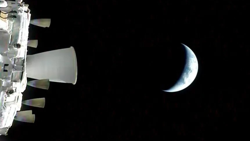 A view of Earth from NASA&rsquo;s Orion spacecraft as it orbits above the planet during the Artemis 2 test flight.