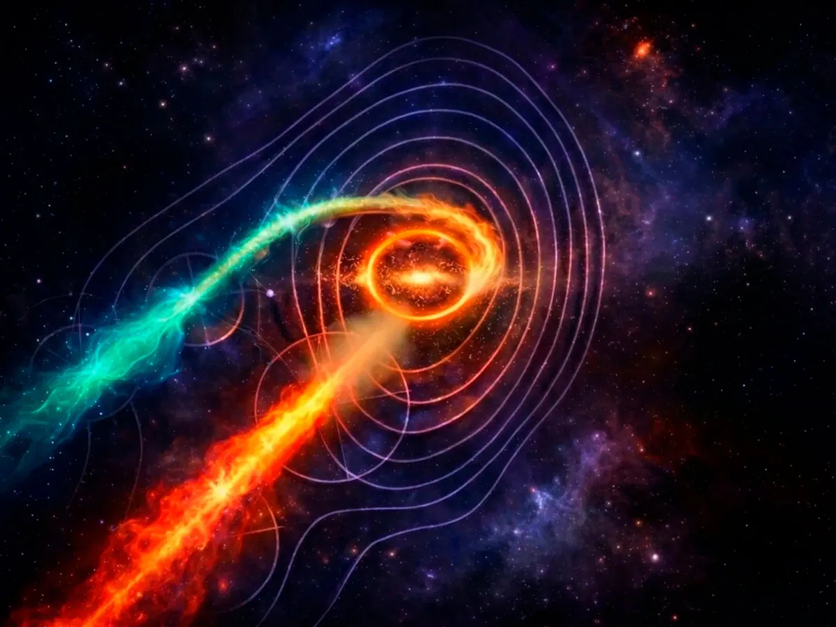 The artistic rendering shows the center of the galaxy Markarian 501, from which two powerful jets emanate.