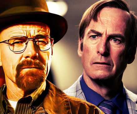 Bryan Cranston as Walter White in Breaking Bad next to Bob Odenkirk as Saul Goodman in Better Call Saul