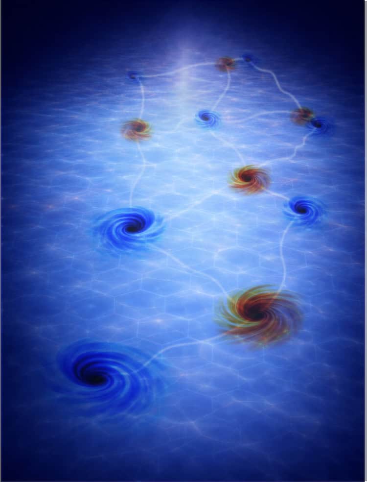 Conceptual illustration showing a glowing pool dotted with blue and orange vortices