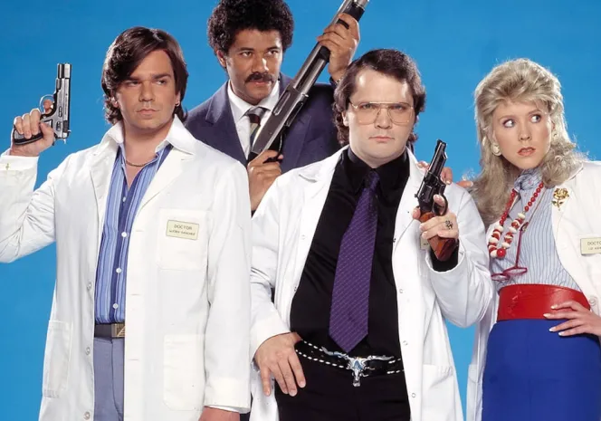 Cast photo for the TV show "Garth Marenghi's Darkplace."