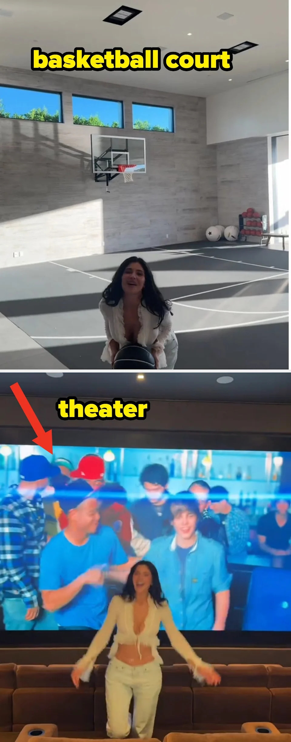 Kylie Jenner poses with a basketball in a modern indoor court with large windows and gym equipment vs Kylie Jenner smiles in a home movie theater with a Justin Bieber music video on the screen
