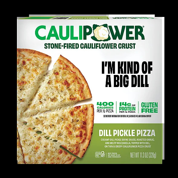 Cauliflower crust dill pickle pizza packaging.