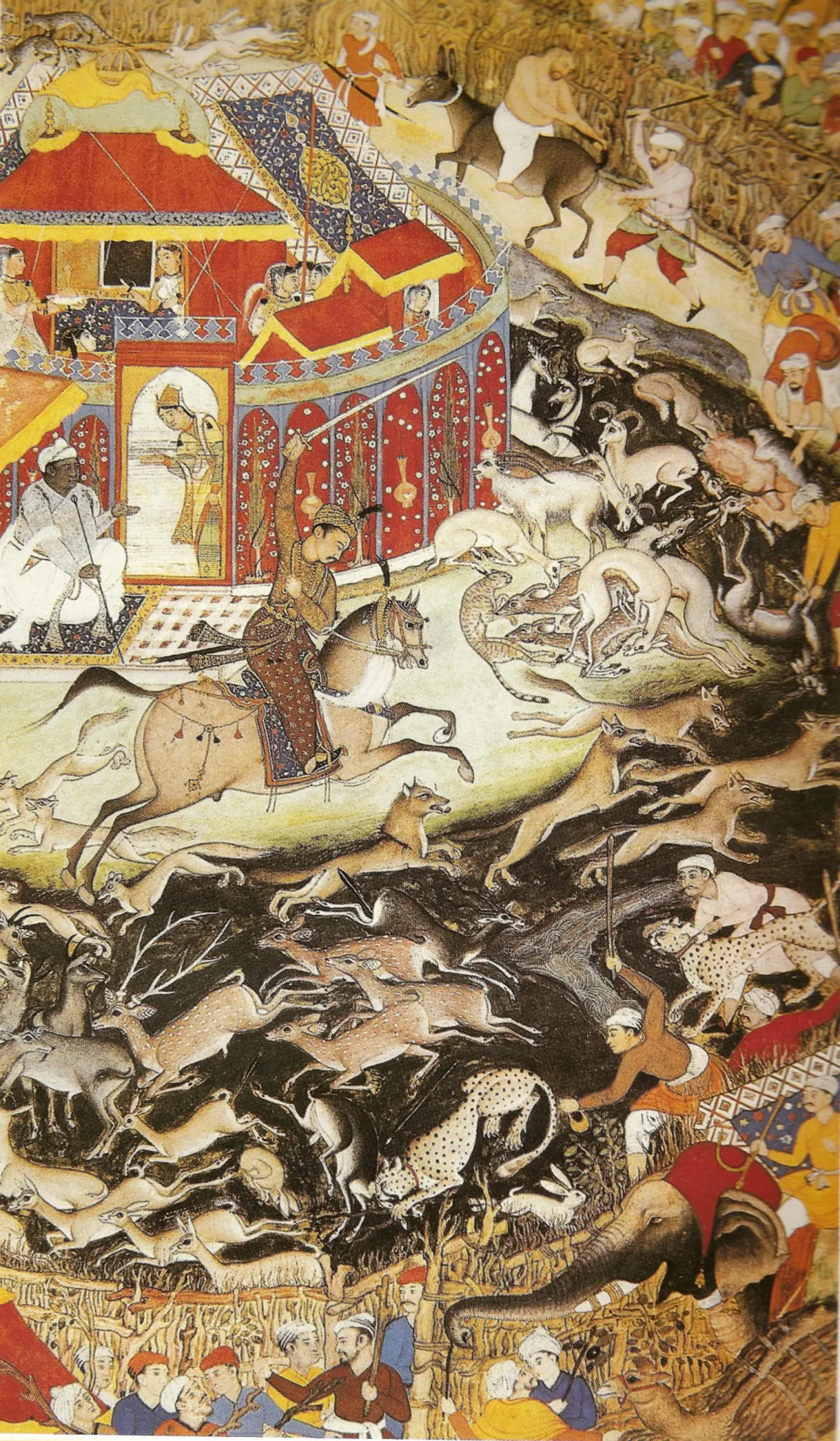 Illustration of Emperor Akbar hunting with cheetahs and a large group of people and animals in a forest.