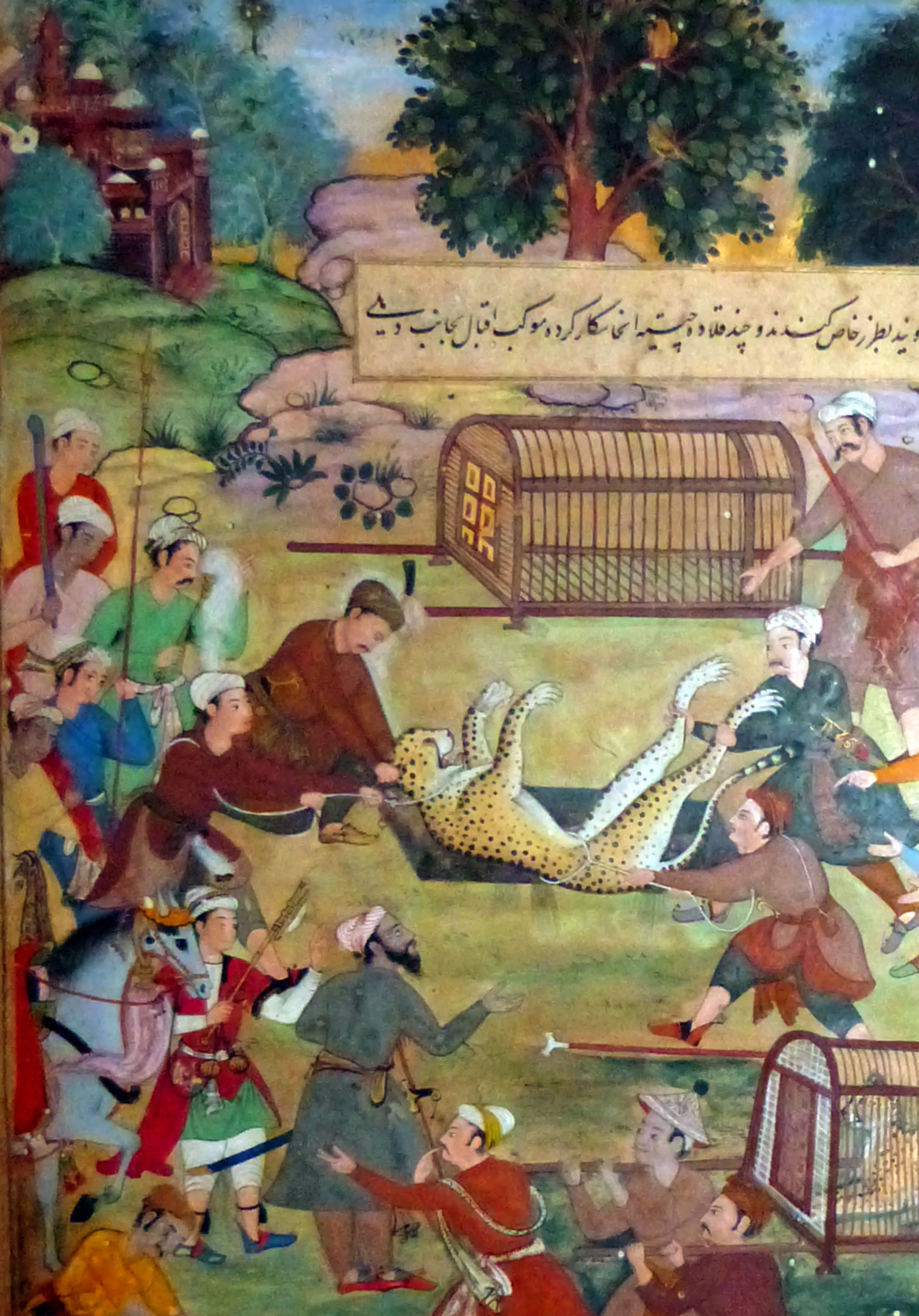 Illustration of Akbar and his men capturing cheetahs.