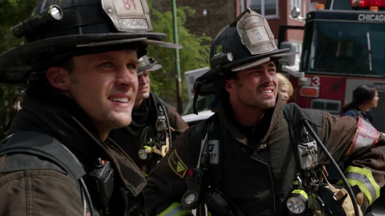 Jesse Spencer as Matthew Casey and Taylor Kinney as Kelly Severide wearing firefighter gear in Chicago Fire