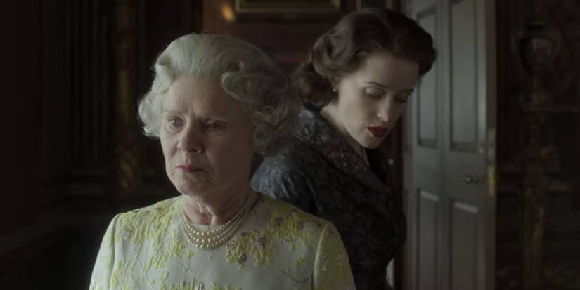 Younger Queen Elizabeth (Claire Foy) looking down behind older Queen Elizabeth (Imelda Staunton) in The Crown finale