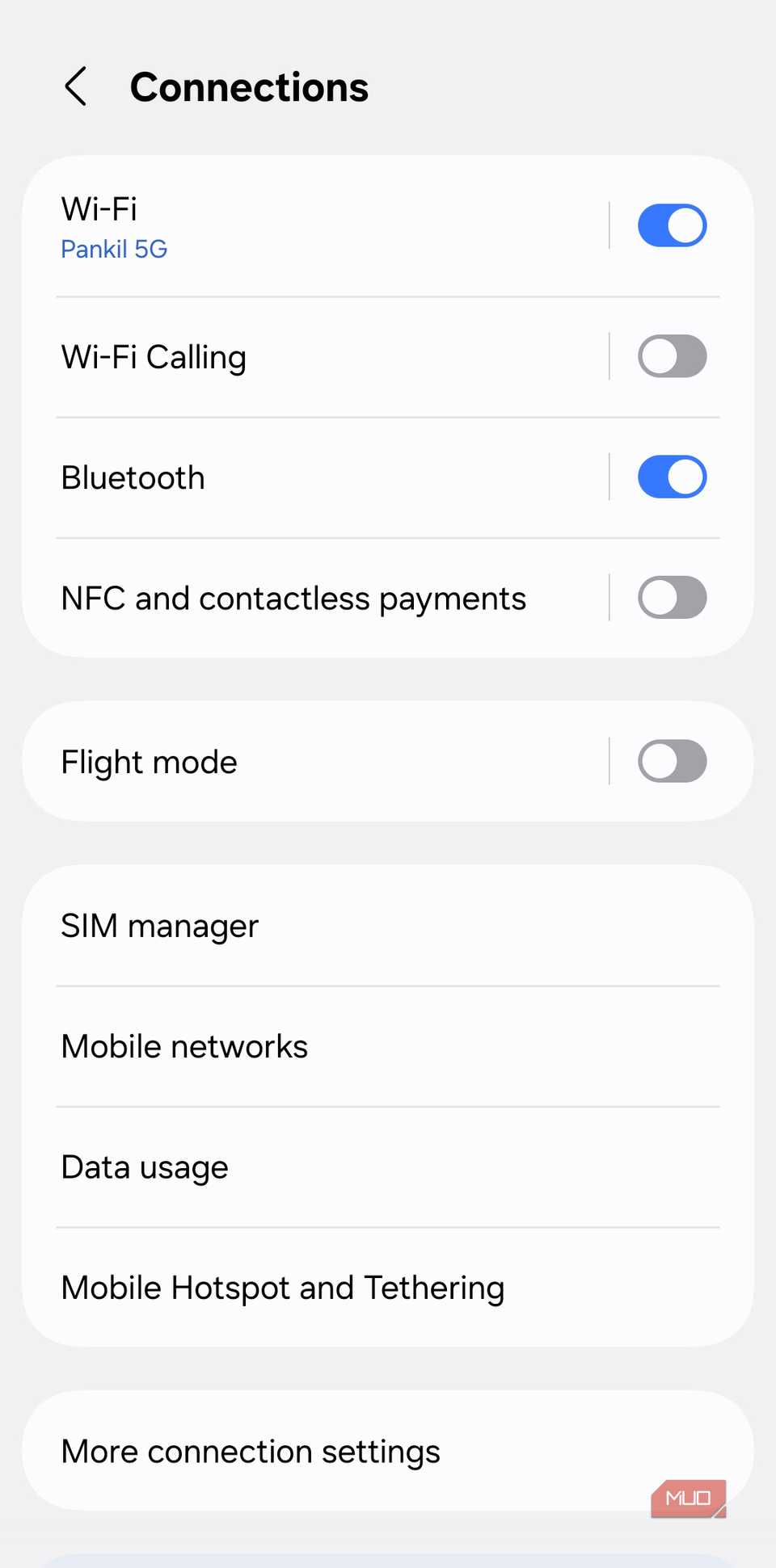 Connections menu on Android phone