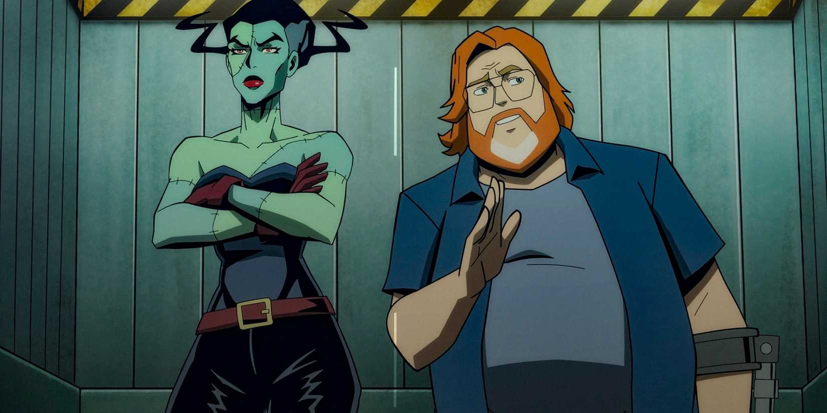 The Bride standing with her arms folded next to John Economos as they talk in an elevator - Creature Commandos season 1