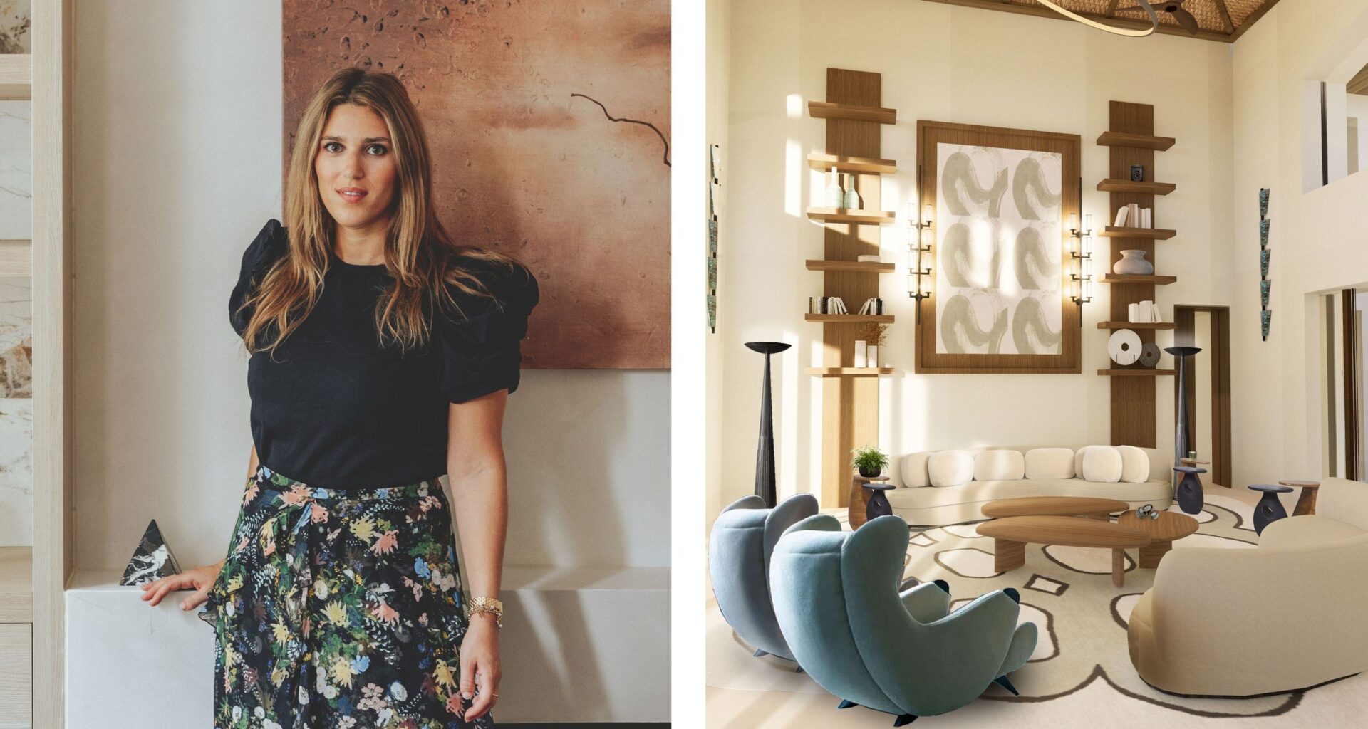 A high-ceilinged, contemporary living room designed by Lucy Goldbart featuring a neutral color palette with wood accents. Two curved cream sofas and two teal scalloped armchairs surround organic-shaped wooden coffee tables on a large patterned rug. The focal point is a large abstract wall hanging flanked by symmetrical wooden shelving units and tall, slender floor lamps.