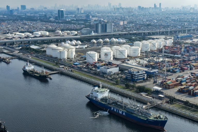 Tankers and cargo ships at the oil depot and container terminal of the Tanjung Priok Port in Jakarta (BAY ISMOYO)