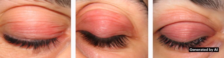 Triptych showing close-up views of slightly swollen and red eyelids.