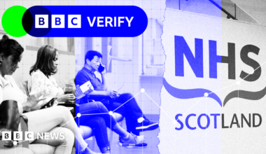 The graphic is shaded black and white, and blue. It is split into two parts. On the left side there are three people sat in a hospital waiting room with the BBC Verify logo above them and on the right side is the logo for NHS Scotland.
