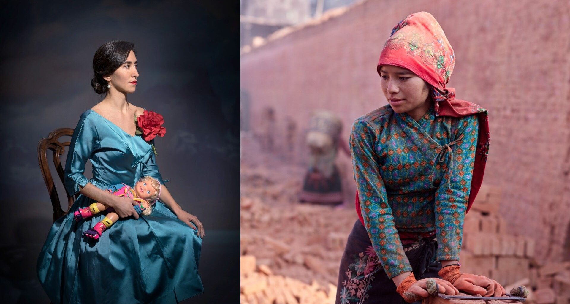 Left image: A woman in a teal satin dress sits in profile on a chair against a dark studio backdrop, holding a blonde doll in her lap with a composed, contemplative expression. Right image: A woman wearing a patterned top and headscarf works with bricks outdoors, leaning forward with focused attention amid a dusty, blurred background of a brick-making area.