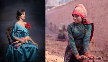 Left image: A woman in a teal satin dress sits in profile on a chair against a dark studio backdrop, holding a blonde doll in her lap with a composed, contemplative expression. Right image: A woman wearing a patterned top and headscarf works with bricks outdoors, leaning forward with focused attention amid a dusty, blurred background of a brick-making area.