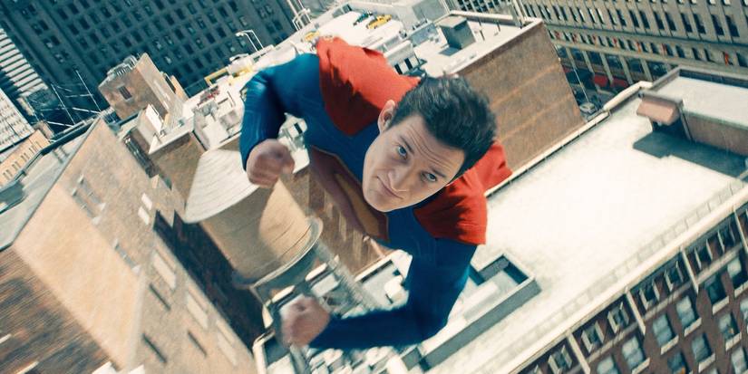 David Corenswet as Superman flying in Superman
