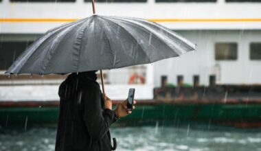 A person holds an umbrella while checking their phone near the waterfront during heavy rain in Istanbul, Türkiye. (Adobe Stock Photo)