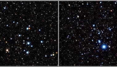 The images of Trumpler 3 and NGC 2353 are open clusters that contains hundreds of young stars that are gravitationally bound together because they formed from the same gas cloud. In this composite image of the clusters, X-rays from Chandra (purple) have been combined with an optical image from the PanSTARRS telescope in Hawaii (red, green, and blue). The stars look like fuzzy dots of different sizes dotting the darkness of space.