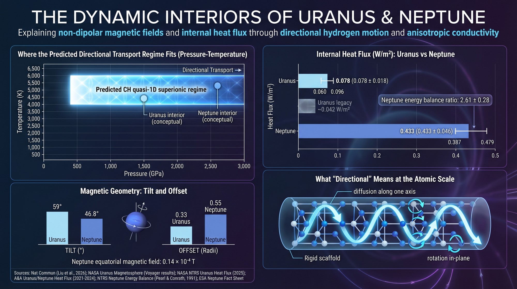 A data-rich 16:9 visualization comparing Uranus and Neptune internal heat flux, magnetic tilt and offset, and the predicted pressure-temperature window where directional hydrogen transport may appear in ice giant interiors.