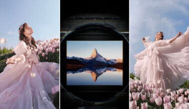 Three images: a woman in a flowing pink dress poses among pink tulips under a blue sky (left and right), and a central close-up of a camera viewfinder showing a mountain reflected in a lake.