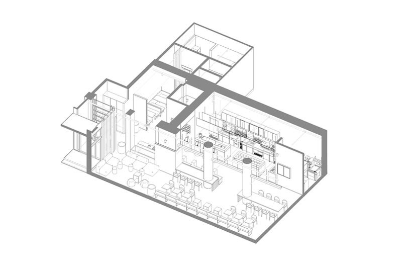 axonometric scheme illustrating the spatial organization and the dialogue between the industrial shell and soft interior