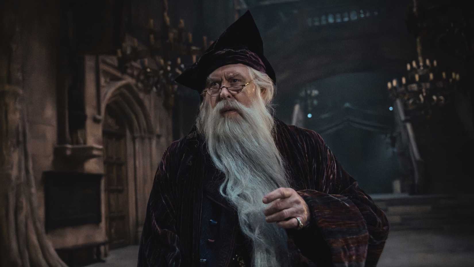 Dumbledore walking around Hogwarts in the HBO Harry Potter series