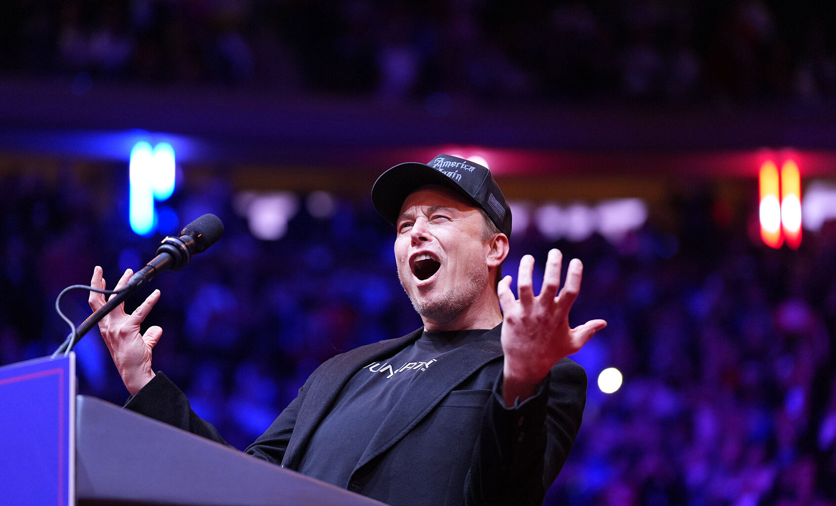 Elon Musk on stage before Republican presidential nominee former President Donald Trump speaks at a rally at Madison Square Garden in New York, NY on Sunday, October 27, 2024. (Jabin Botsford/The Washington Post via Getty Images)