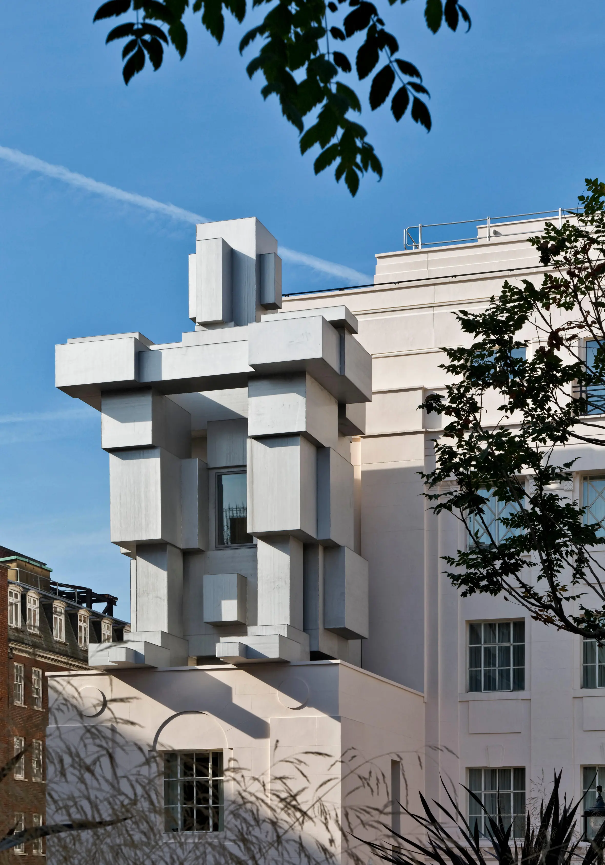 Antony Gormley's sculpture on The Beaumont Hotel in London.