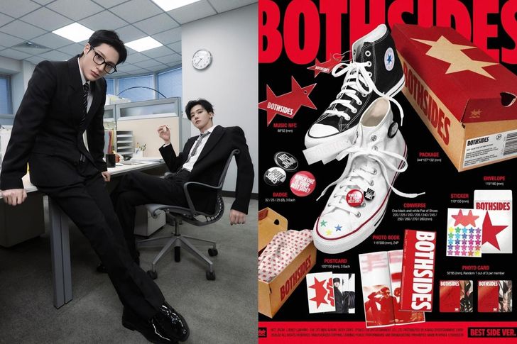 Members of boy band NCT's JNJM subunit, left, and Converse sneakers in its debut album “BOTH SIDES”/ Courtesy of SM Entertainment