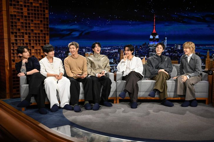 Members of K-pop group BTS appear on NBC’s “The Tonight Show Starring Jimmy Fallon” in New York on March 26 (local time), the band's first official talk show appearance following the release of their fifth full-length album, “ARIRANG.” Courtesy of NBC
