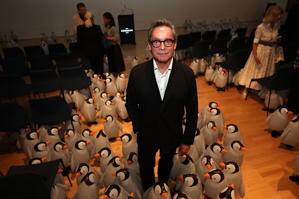 Director of the NGV Tony Ellwood, surrounded by inflatable penguins,  at the announcement of the gallery’s 2026 Triennial.
