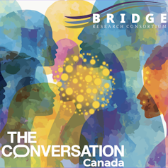 a colourful illustration shows people talking in silhouette around a yellow bacteria