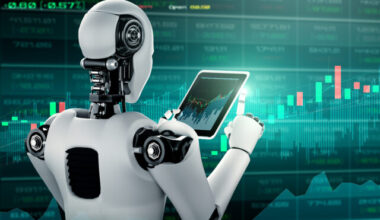 financial technology controlled by AI robot using machine learning and artificial intelligence to analyze business data and give advice on investment