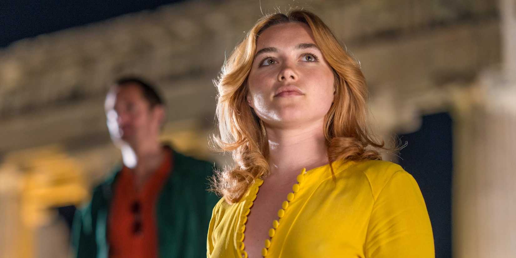 Florence Pugh as Charlie looking up at something in The Little Drummer Girl