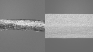 Close-up microscope image showing structural differences between round multi-filament dental floss and flat PTFE tape floss.