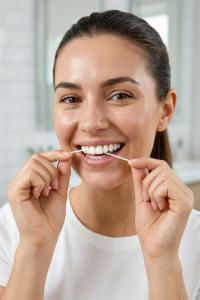  Woman flossing her teeth with dental floss in a bathroom setting.