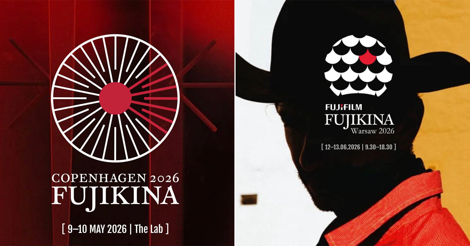 Split image: Left side shows a red, white, and black circular logo for FUJIKINA Copenhagen 2026. Right side has a person in a cowboy hat, partially visible, with the FUJIKINA Warsaw 2026 logo above text.