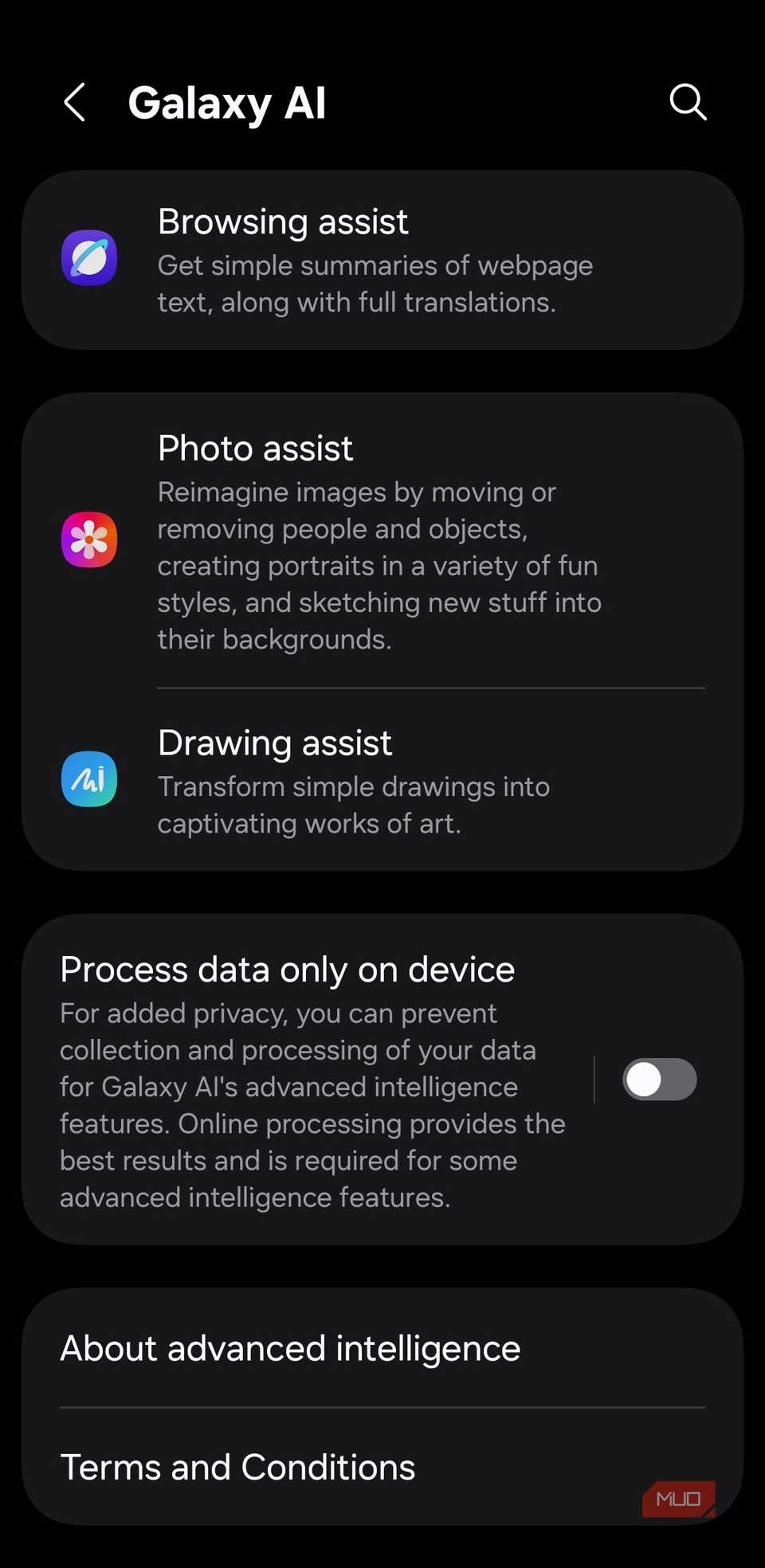 Galaxy AI settings on Samsung phone