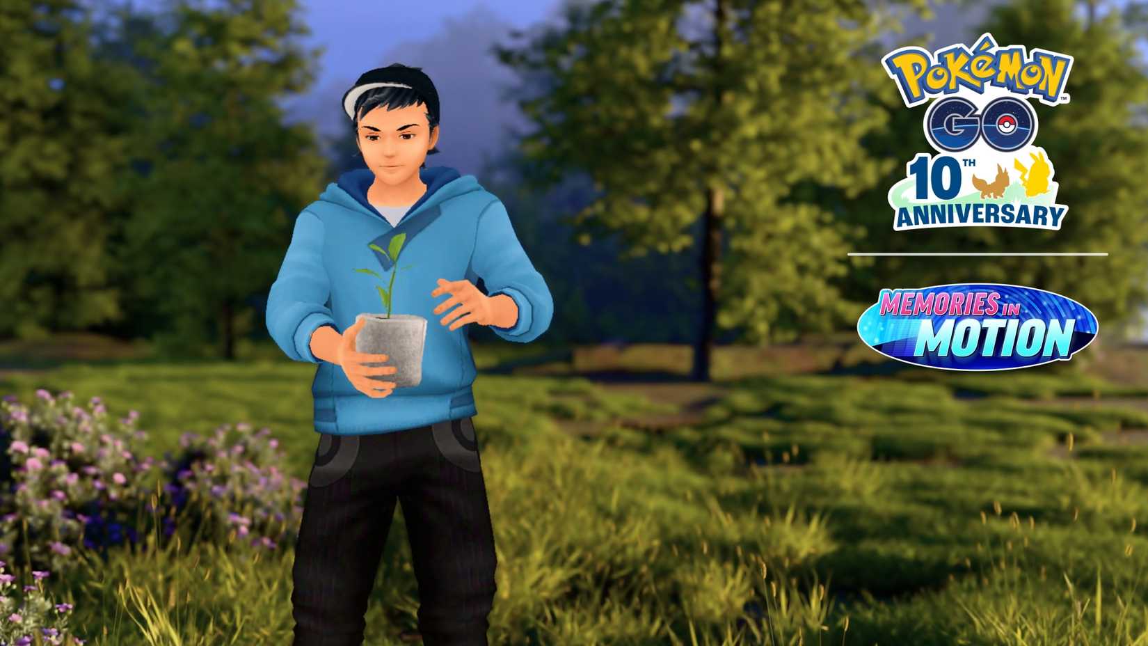 A male Pokémon Trainer holds up a potted plant in Pokémon Go