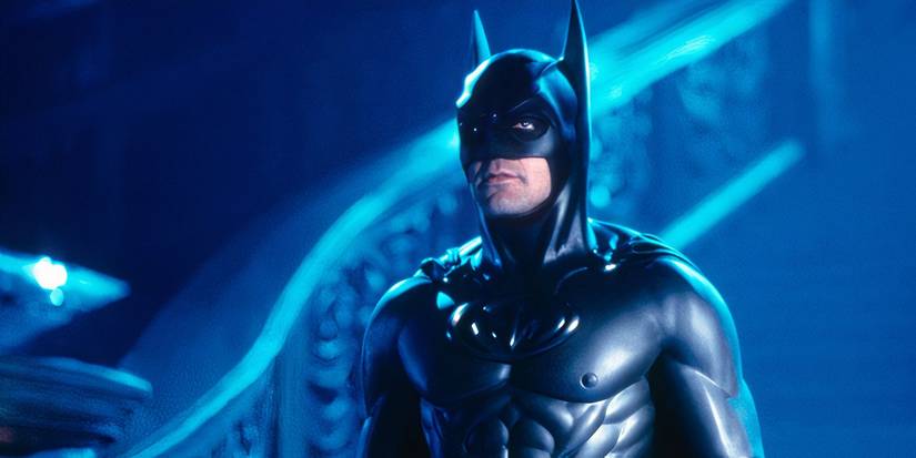 George Clooney as Batman in Batman & Robin looking offscreen