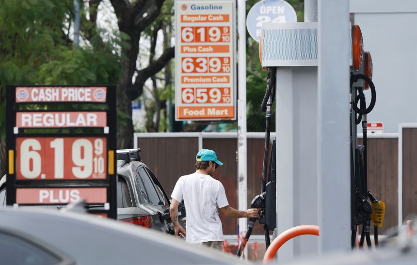 Gas prices at a Shell gas station on March 30, 2026, in Los Angeles. The state has the most expensive gas in the nation.