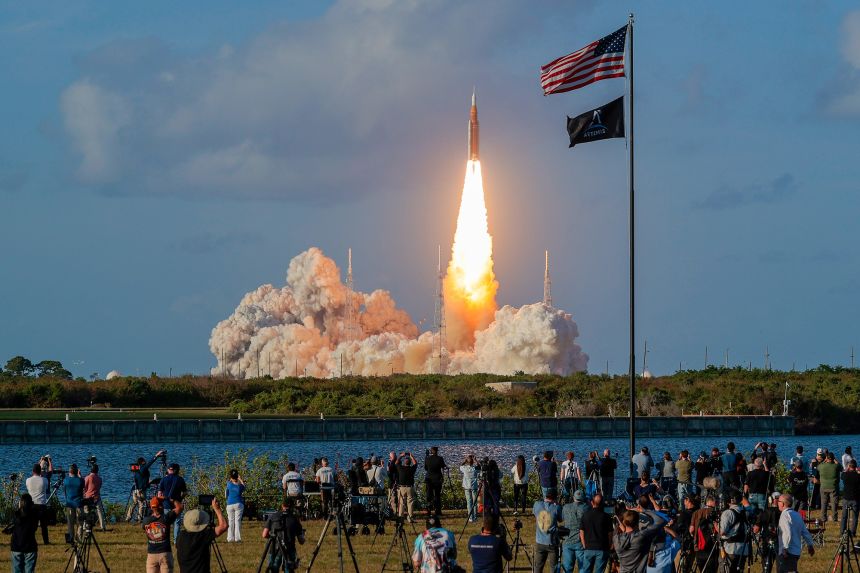 NASA's Artemis II Space Launch System rocket carrying the Orion spacecraft lifts off from Launch Complex 39B at Kennedy Space Center in Cape Canaveral, Florida.