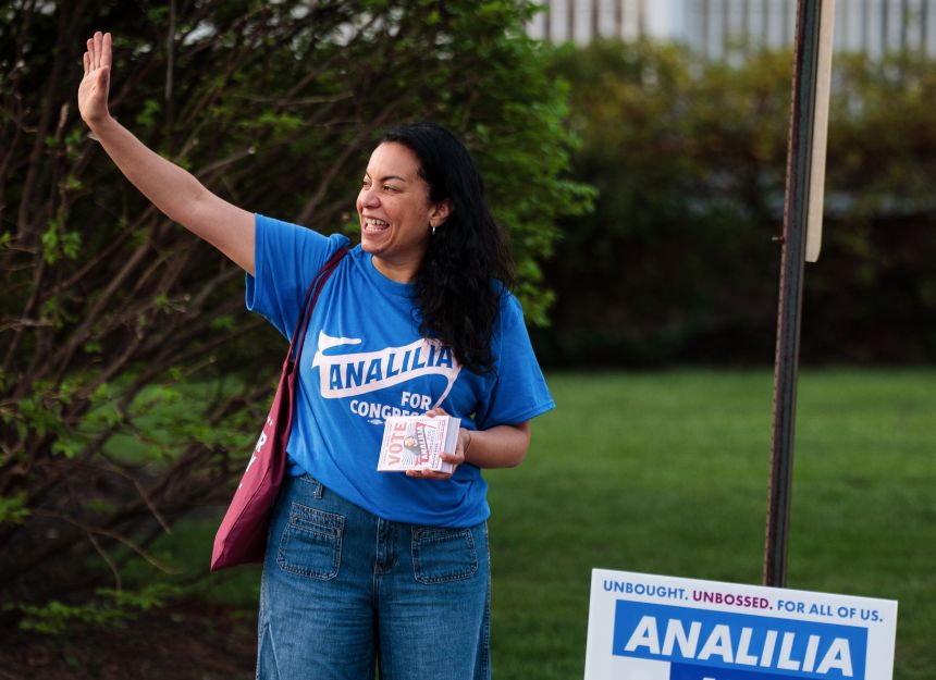 Analilia Mejia, US Democratic House candidate for New Jersey, campaigns during a New Jersey special election in Glen Ridge, New Jersey, US, on Thursday, April 16, 2026. New Jersey is holding a special election in New Jersey's 11th Congressional District to fill a seat vacated by New Jersey Governor Mikie Sherrill.