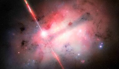 An artist's depiction of GRB 250702B, showing a black hole at the center of a helium star emitting powerful, narrow jets of gamma radiation.