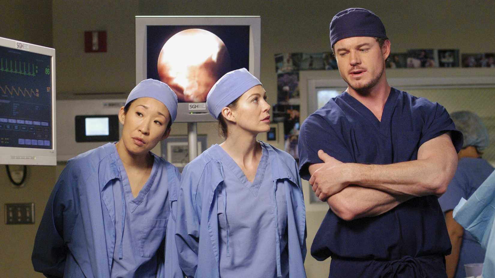 Grey's Anatomy's Sandra Oh as Christina Yang, Ellen Pompeo as Meredith Grey and Eric Dane as Mark Sloan