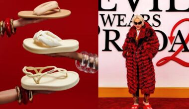 three new havaianas x devil wears prada 2 flip flop styles held up by models; brazilian influencer Gabb wearing havaianas flip flops on the devil wears prada 2 world premiere red carpet; shop new havaianas 'the devil wears prada 2' collab