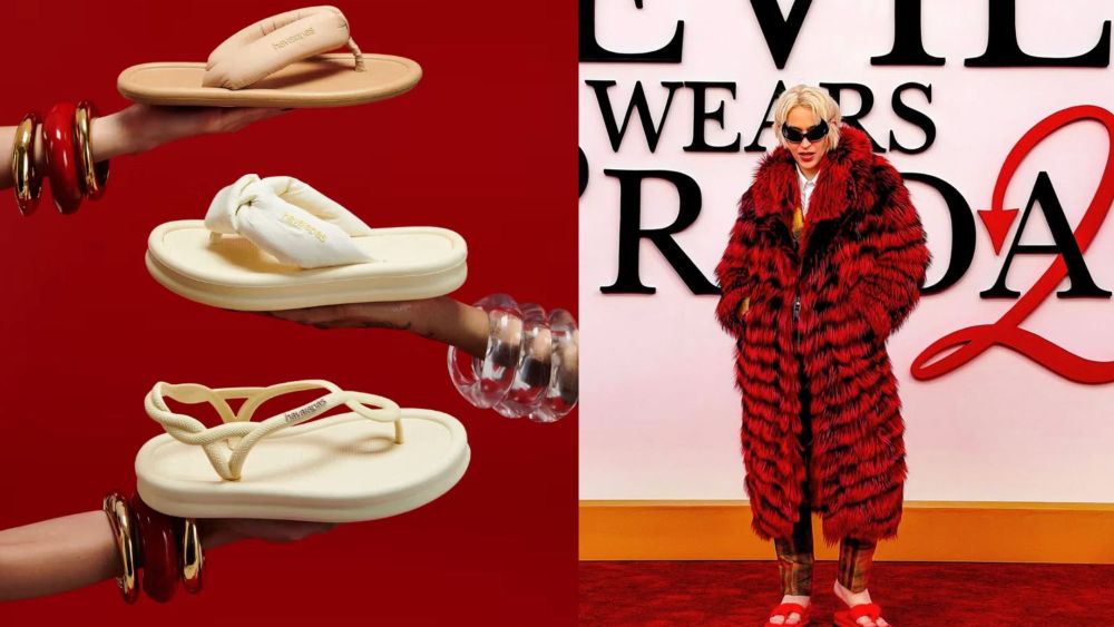 three new havaianas x devil wears prada 2 flip flop styles held up by models; brazilian influencer Gabb wearing havaianas flip flops on the devil wears prada 2 world premiere red carpet; shop new havaianas 'the devil wears prada 2' collab